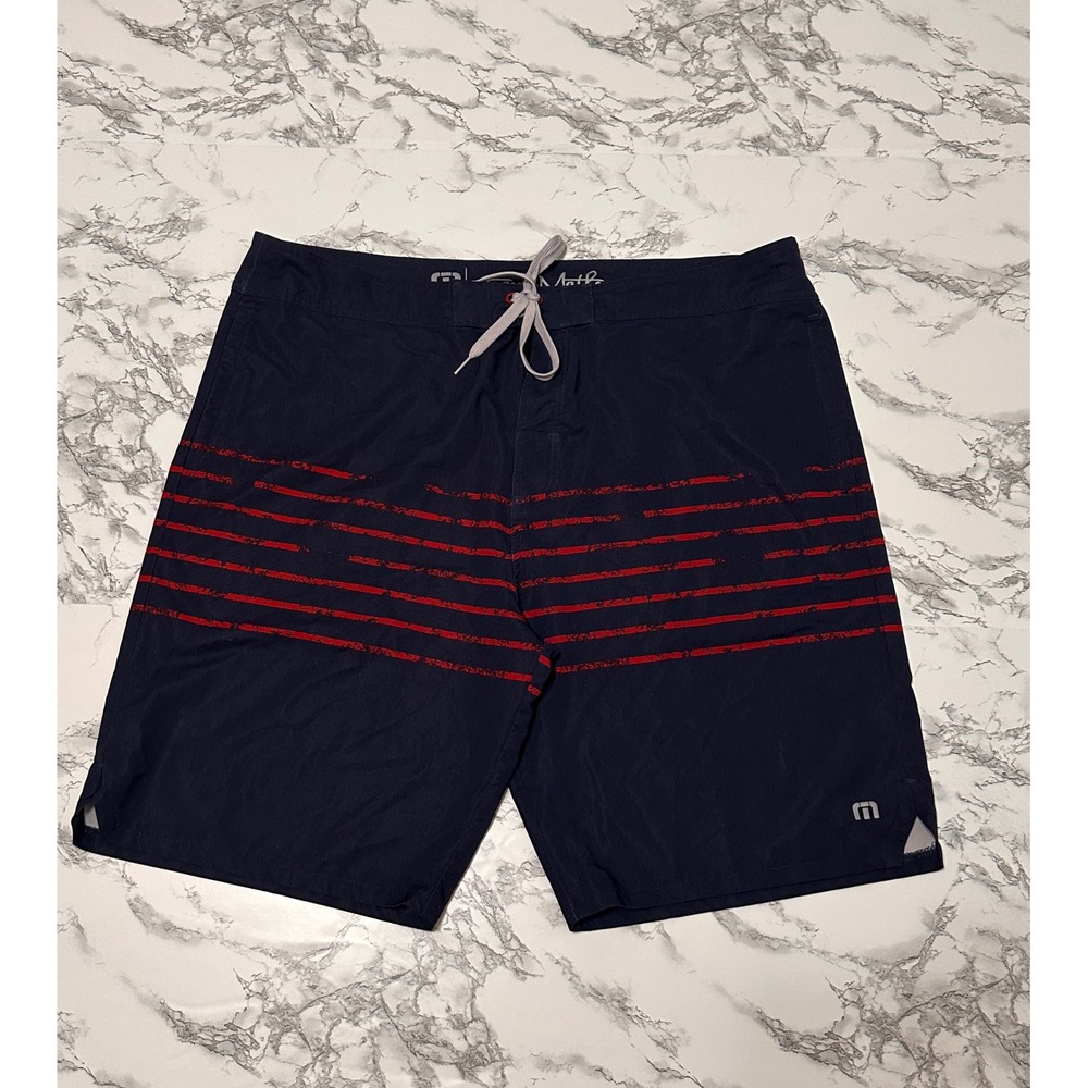 Travis Mathew Mens Board Shorts Navy Blue Red Striped Swim Trunks Size 40
